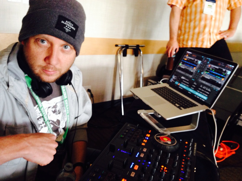 "Jason prepping to DJ the morning keynote" by D'Arcy Norman