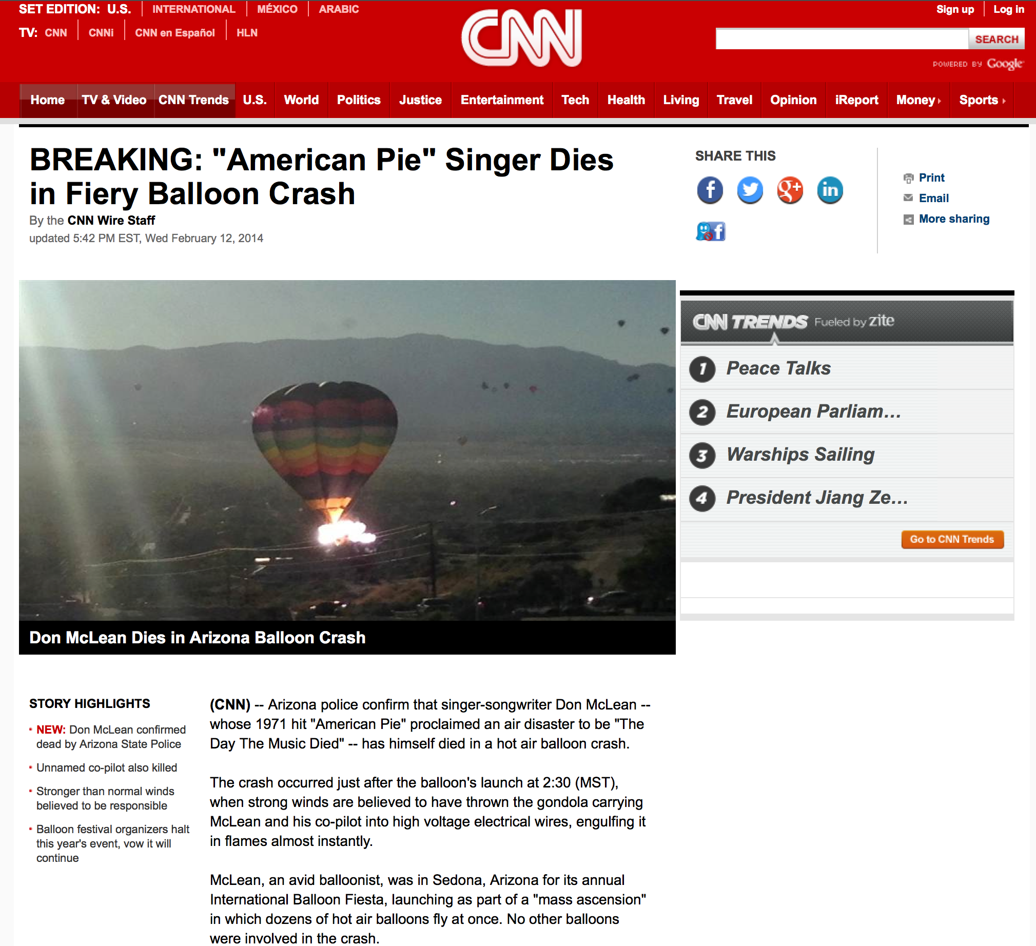 Screenshot of fake CNN story on the death of Don McLean