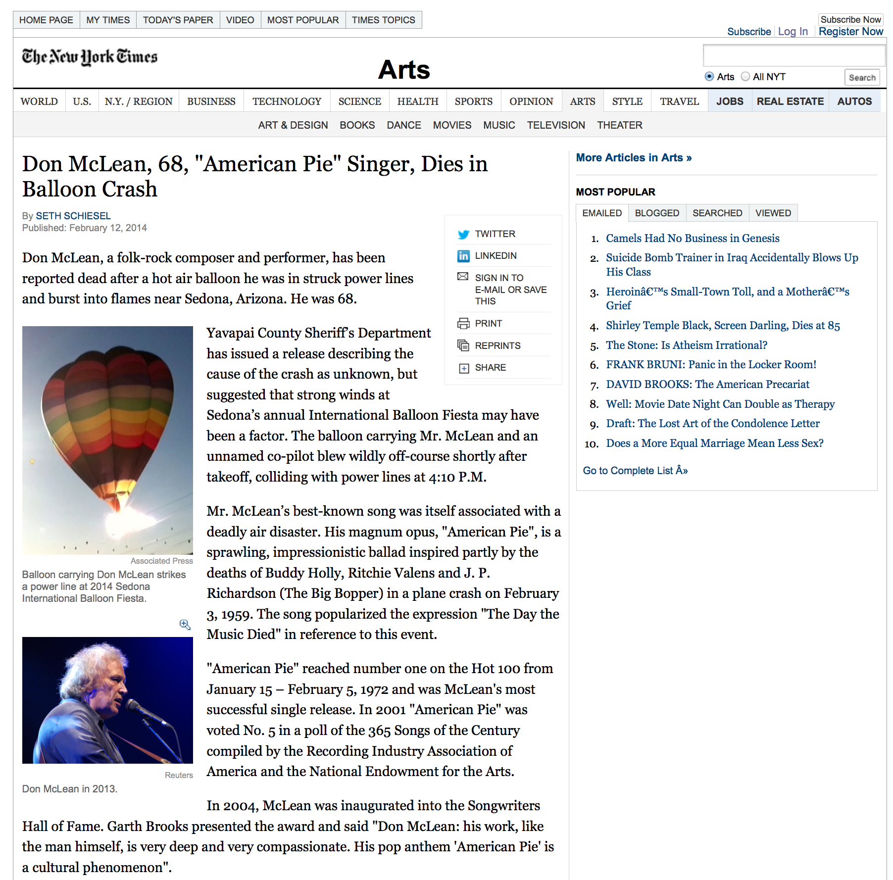 Screenshot on the fake New York Times story of Don McLean's death