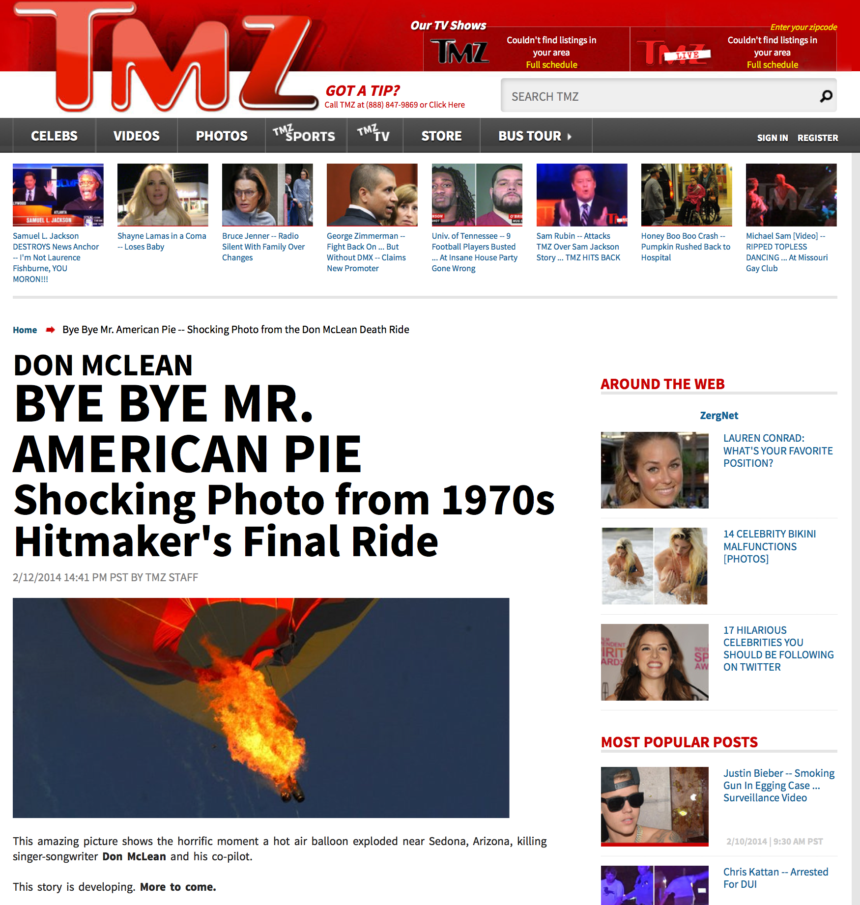 Screenshot of fake TMZ story of Don McLean's death