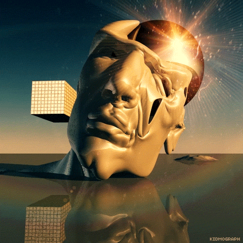 animated GIF of a goden face sculpture melting in the sun
